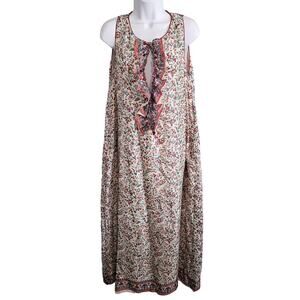 Monoplaza Silk Sleeveless Floral Trapeze Maxi Dress with Ruffle Front - Medium